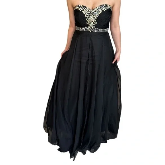 ✨Host Pick✨ BLACK CHIFFON PROM FORMAL EVENING GOWN WITH RHINESTONE ACCENTS 4 - Picture 1 of 16